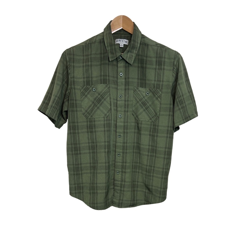 Orvis Button Up Shirt Mens L Green Plaid Short Sleeve Classic Outdoor Hiking G01